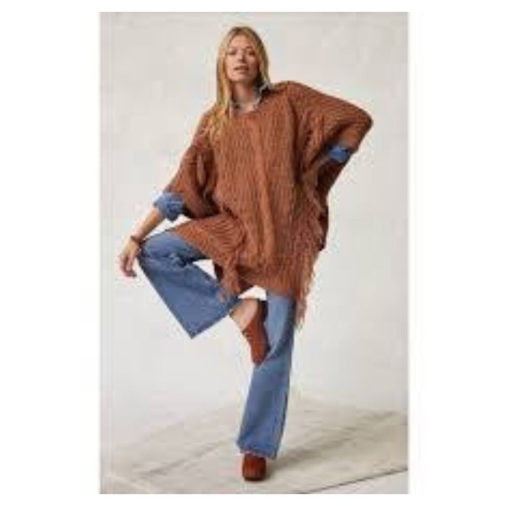 Anthropologie Women's Marled Fringe Poncho ONESIZE Bronze Knit Frontier Boho
